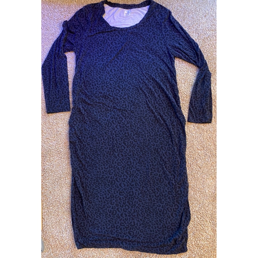 Time & Tru Maternity Dress Large Blue Black Animal Print Ruched Midi Long Sleeve